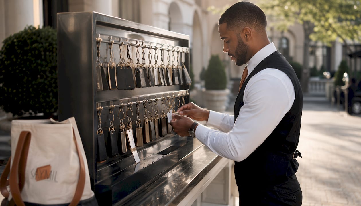 Close-up of valet key rack with keys and tickets