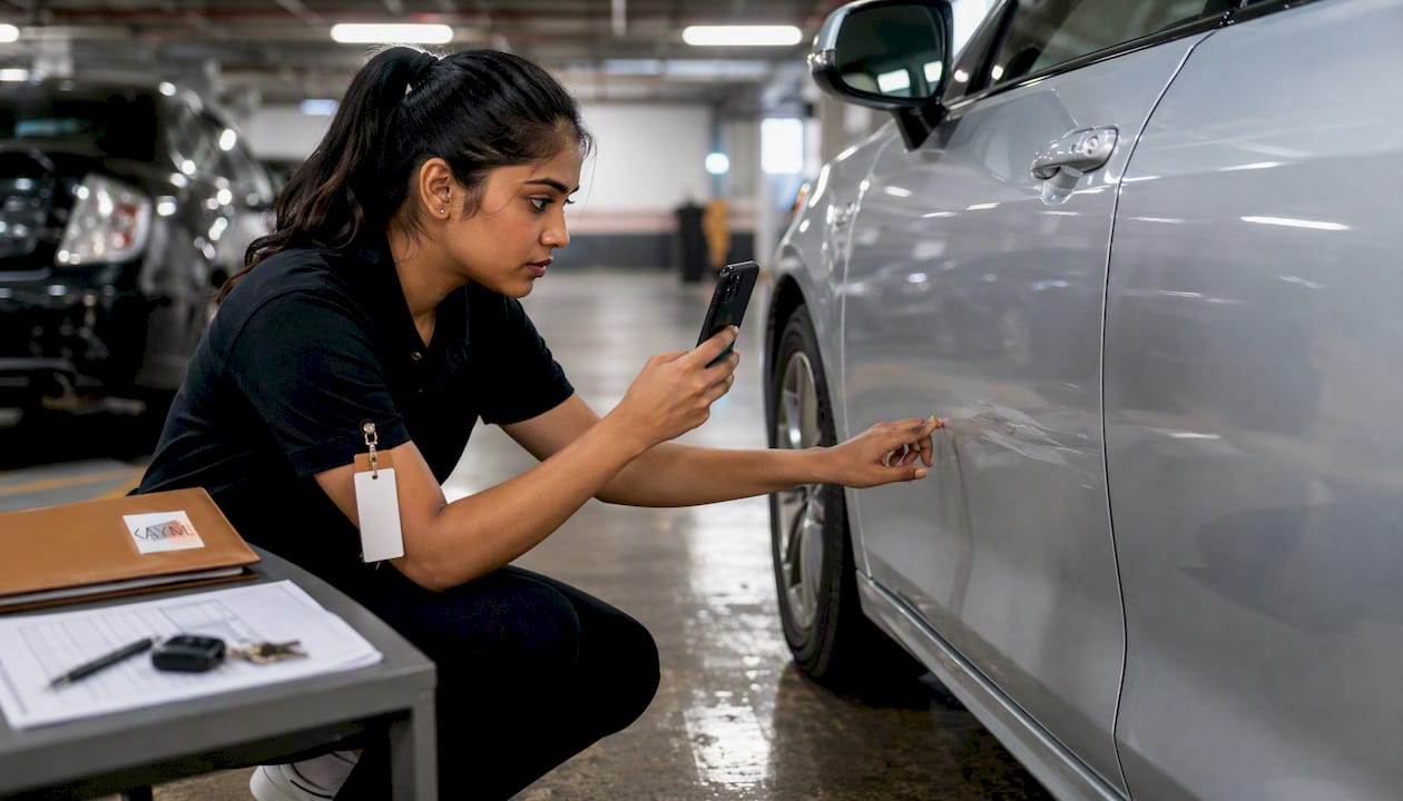 Valet inspecting car damage for documentation