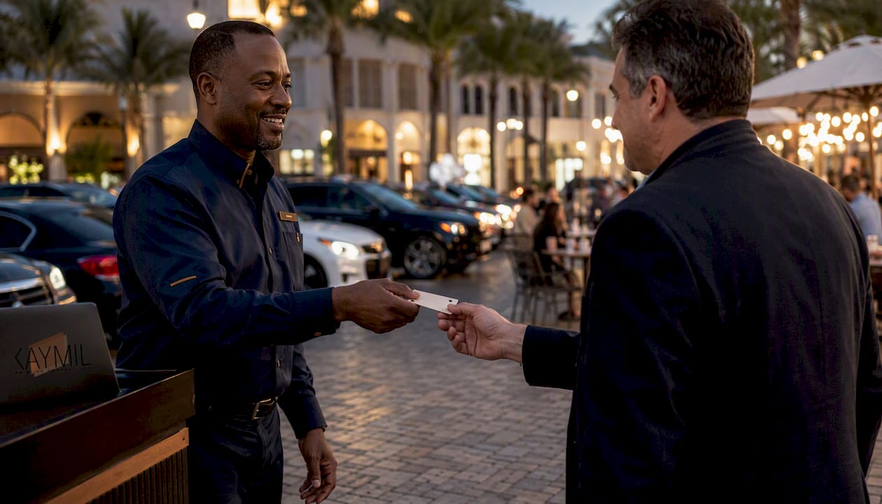 Valet attendant handing claim check ticket