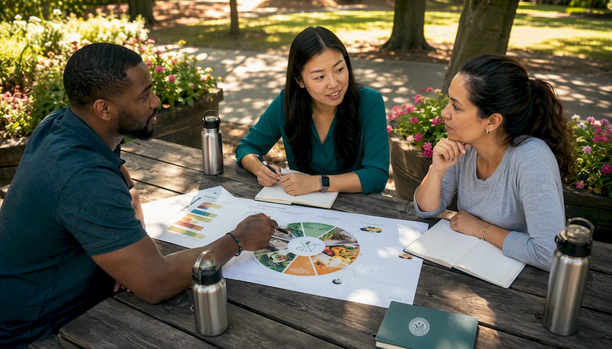 Diverse group discussing nutrition programs at cafe