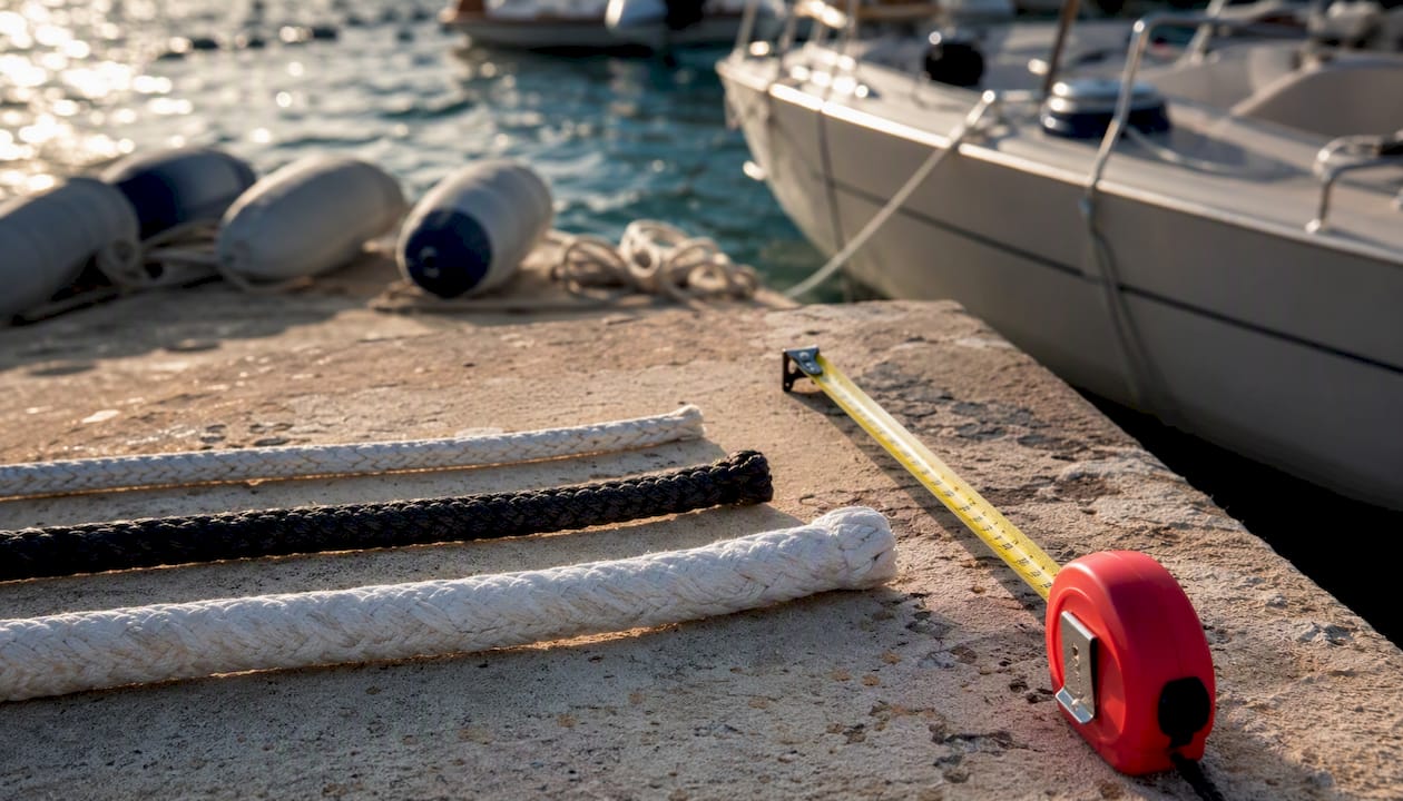 Overhead view of measuring tape with anchor line diameters