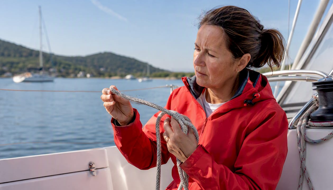 Close-up of hands inspecting double-braid nylon rope