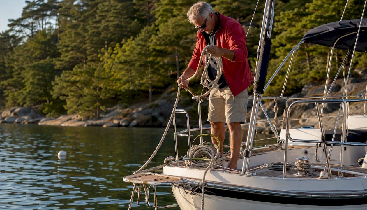 Boater coiling nylon anchor line on sailboat bow