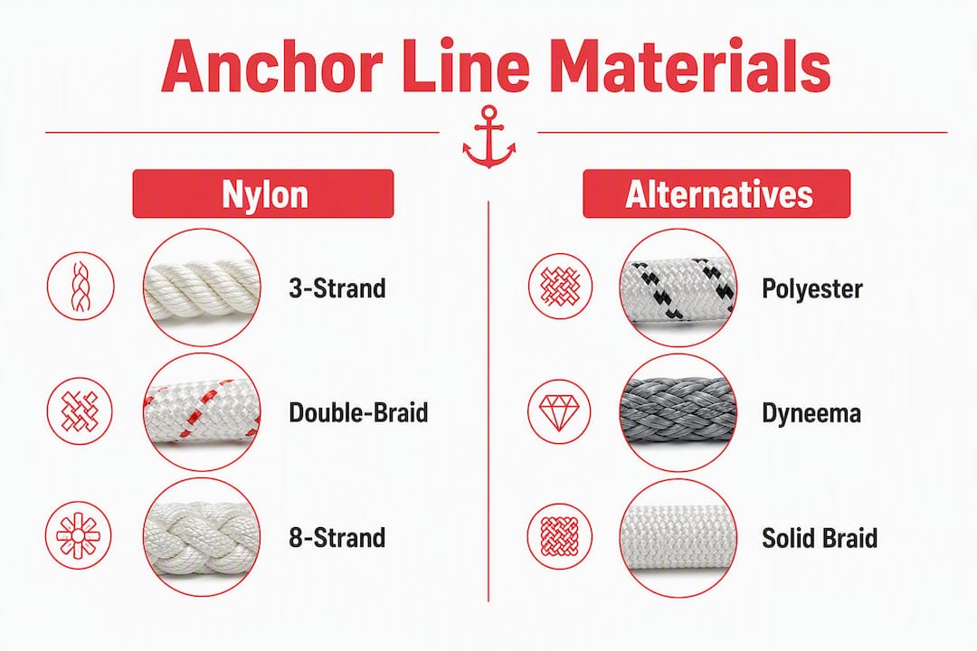 Infographic comparing nylon and alternative anchor line materials