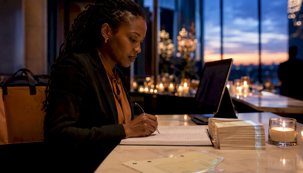 Event staff logging coat check tickets with security features