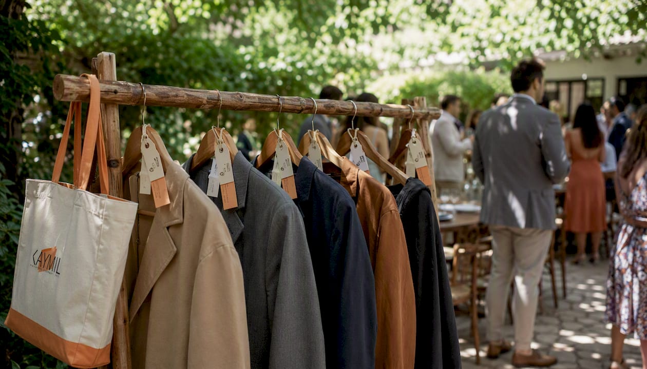 Coats with 3-part coat check tickets on hangers