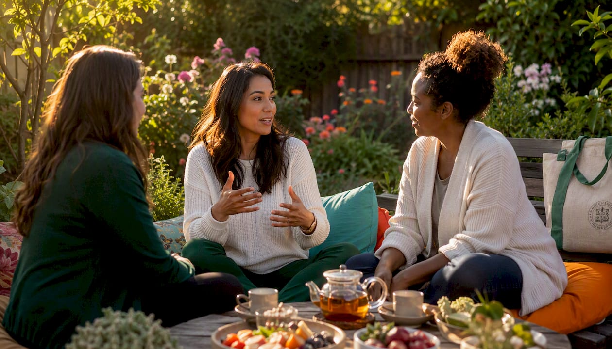 Three women in cozy peer-led support group