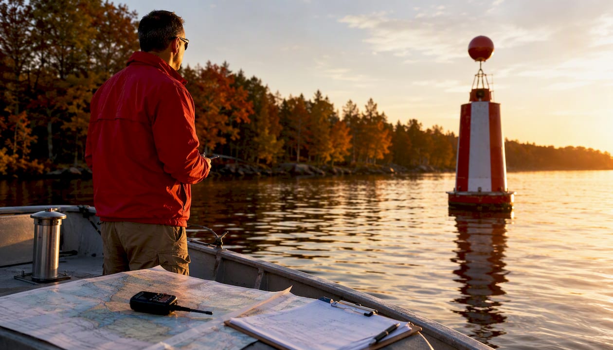 Marine surveyor inspecting safe water marker buoy