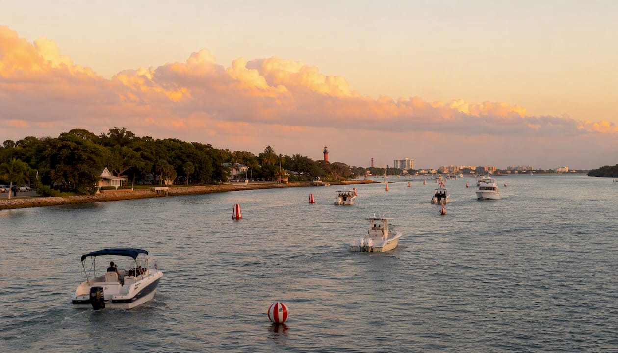 Safe water markers guiding boats on channel