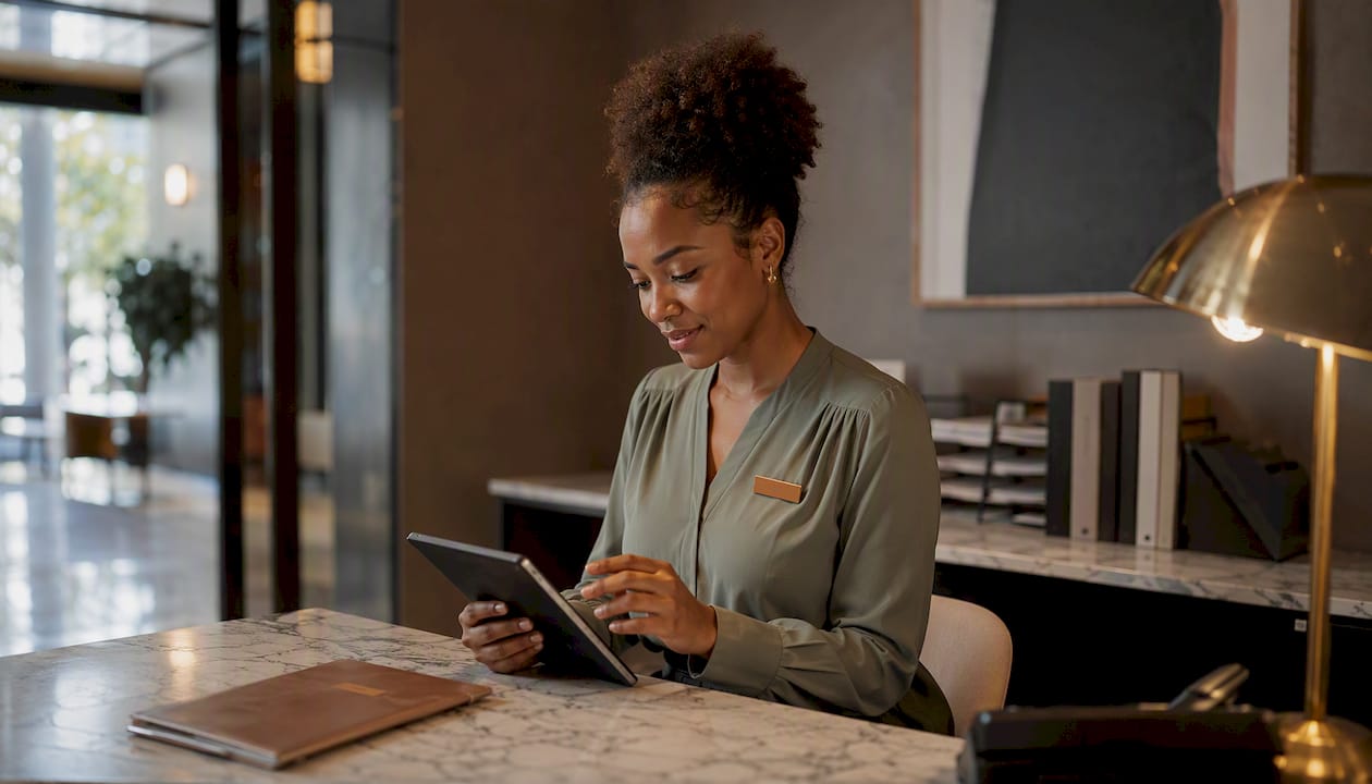Hotel front desk staff reconciling parking charges
