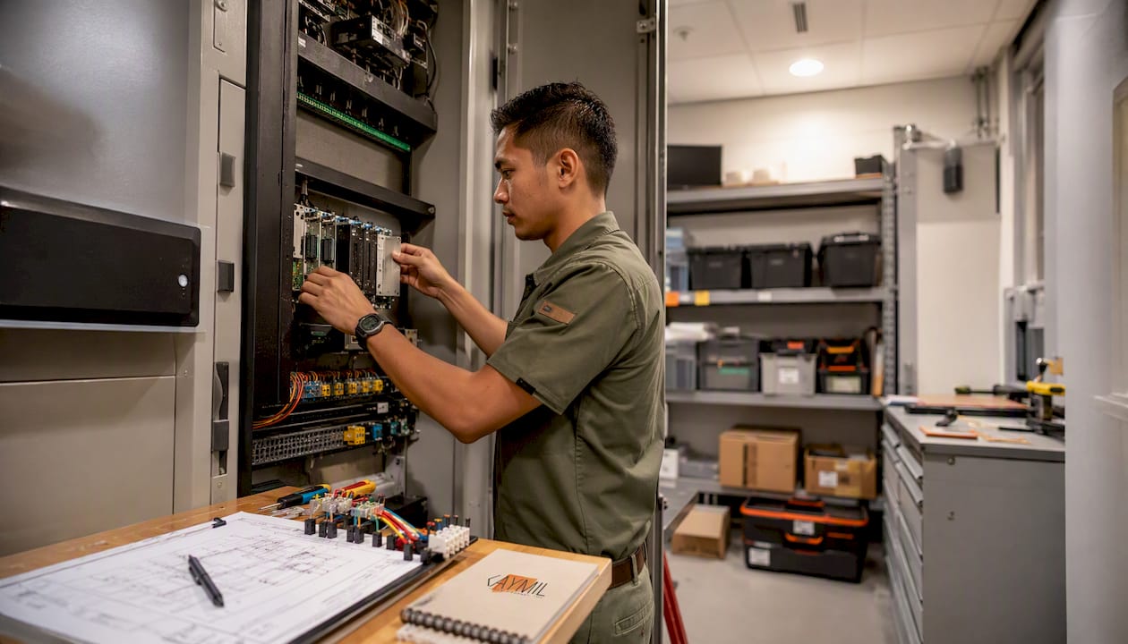 Technician installing hotel parking system hardware