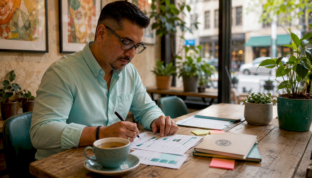 Coach analyzing client progress paperwork in office