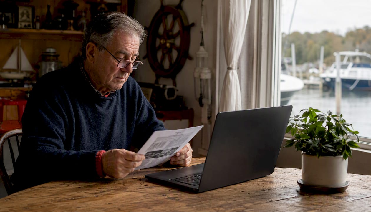 Elderly man reading OpenCPN troubleshooting documents