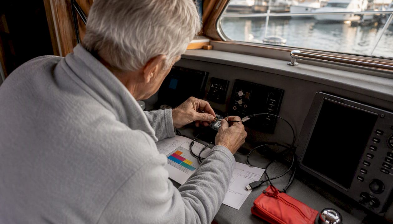 Hands setting up marine navigation hardware at helm