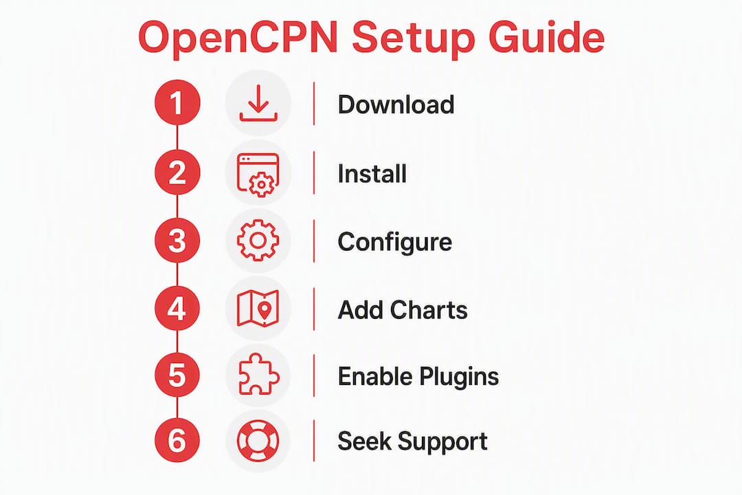 Infographic showing OpenCPN setup step-by-step guide