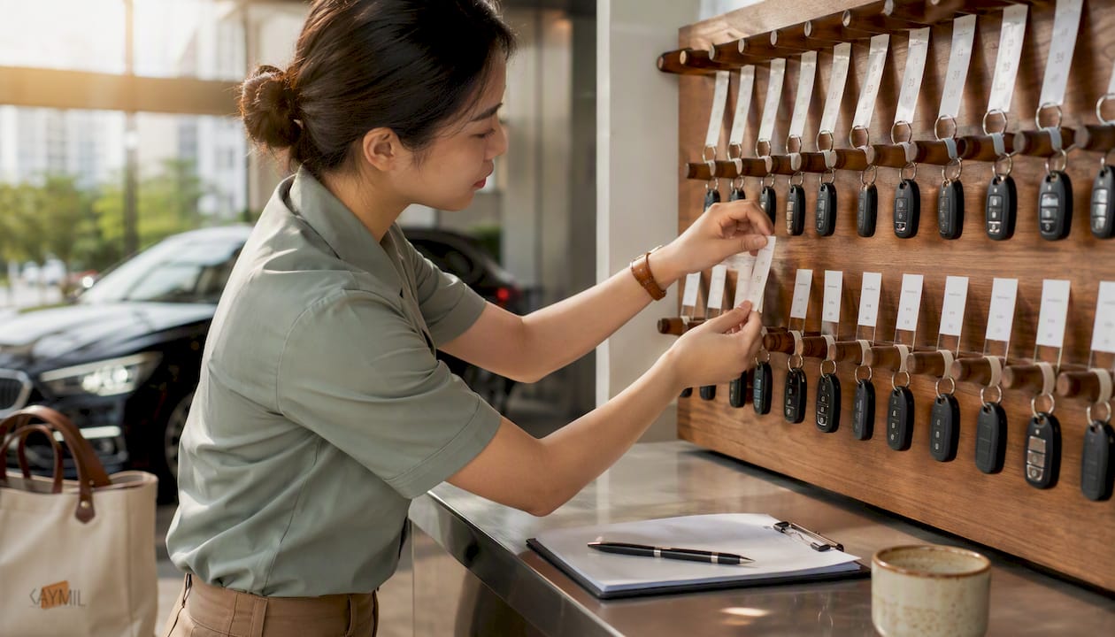 Valet attendant handling numbered tickets and keys