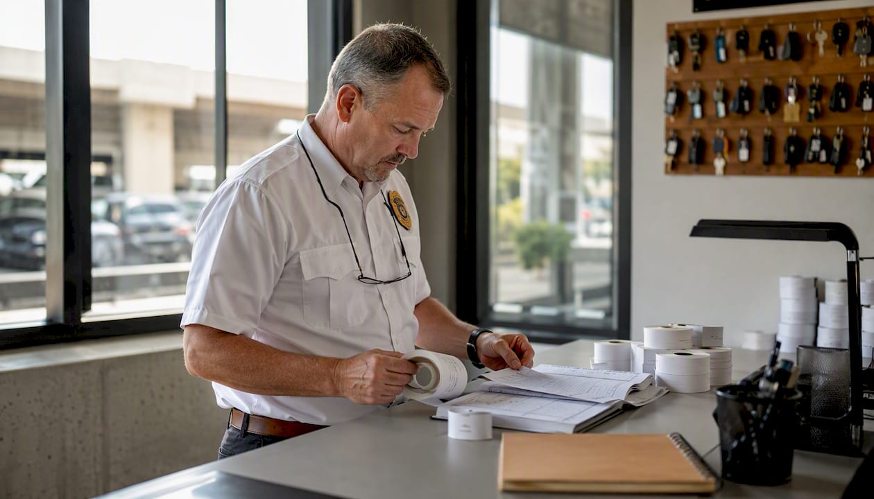 Parking operator reviewing sequential tickets and logs