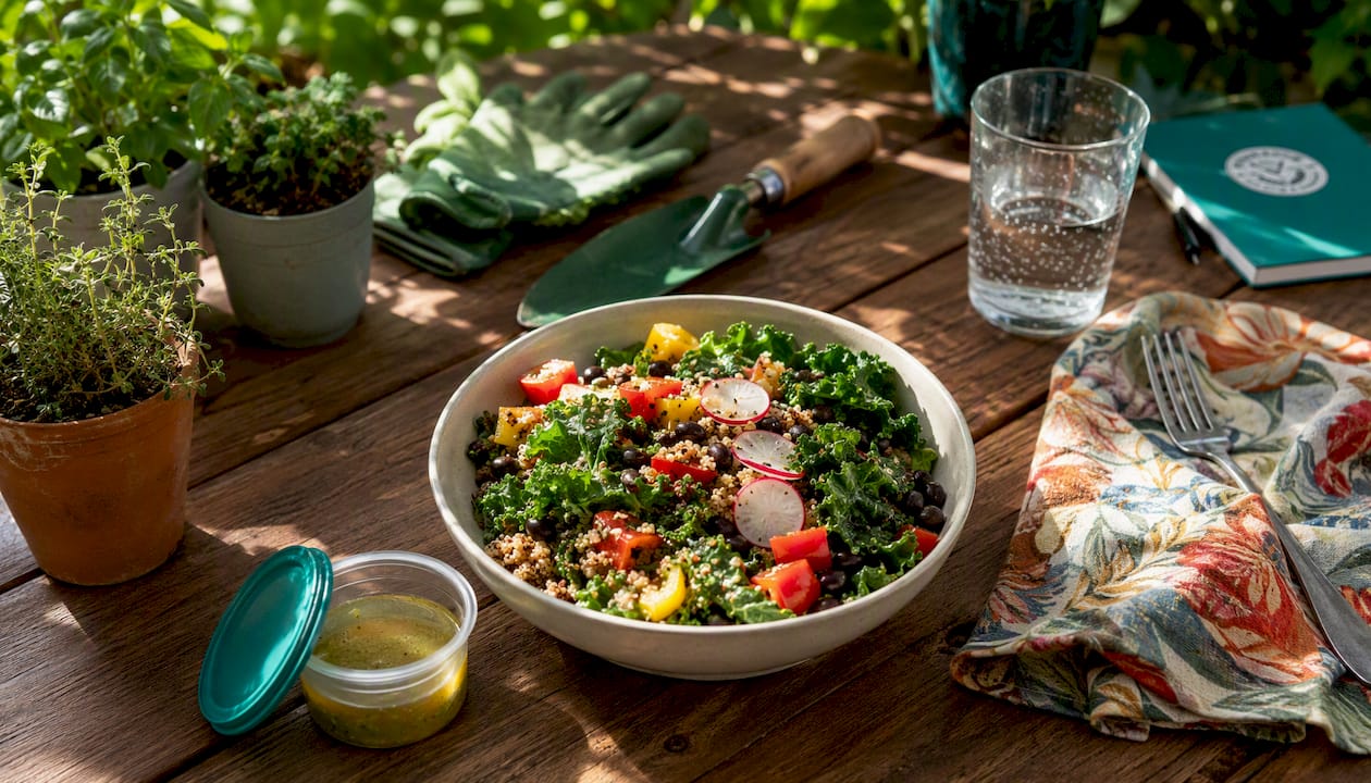 Close-up overhead shot of grain bowl lunch on desk