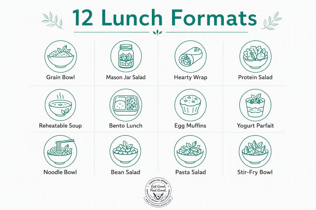 Infographic listing 12 desk-friendly lunch formats to rotate weekly