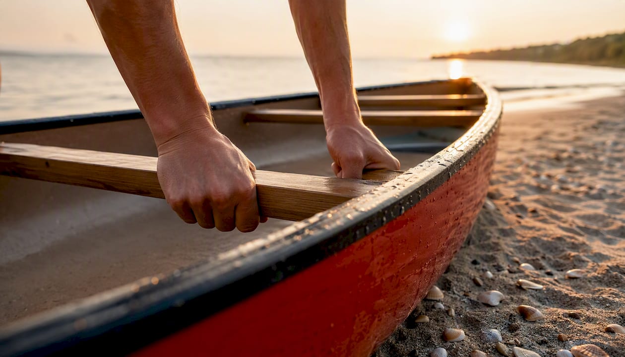 Hands lifting canoe with thwarts
