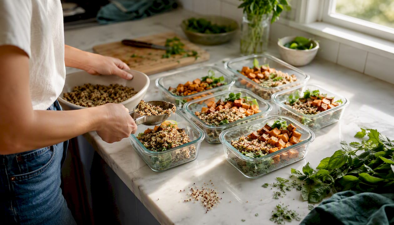 Hands portioning healthy meal prep containers