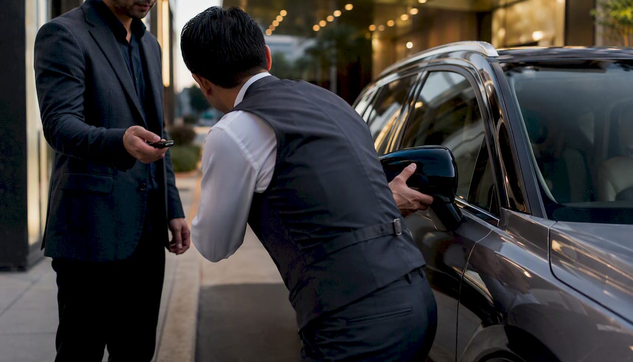 Valet attendant positioned vehicle side mirror for guest