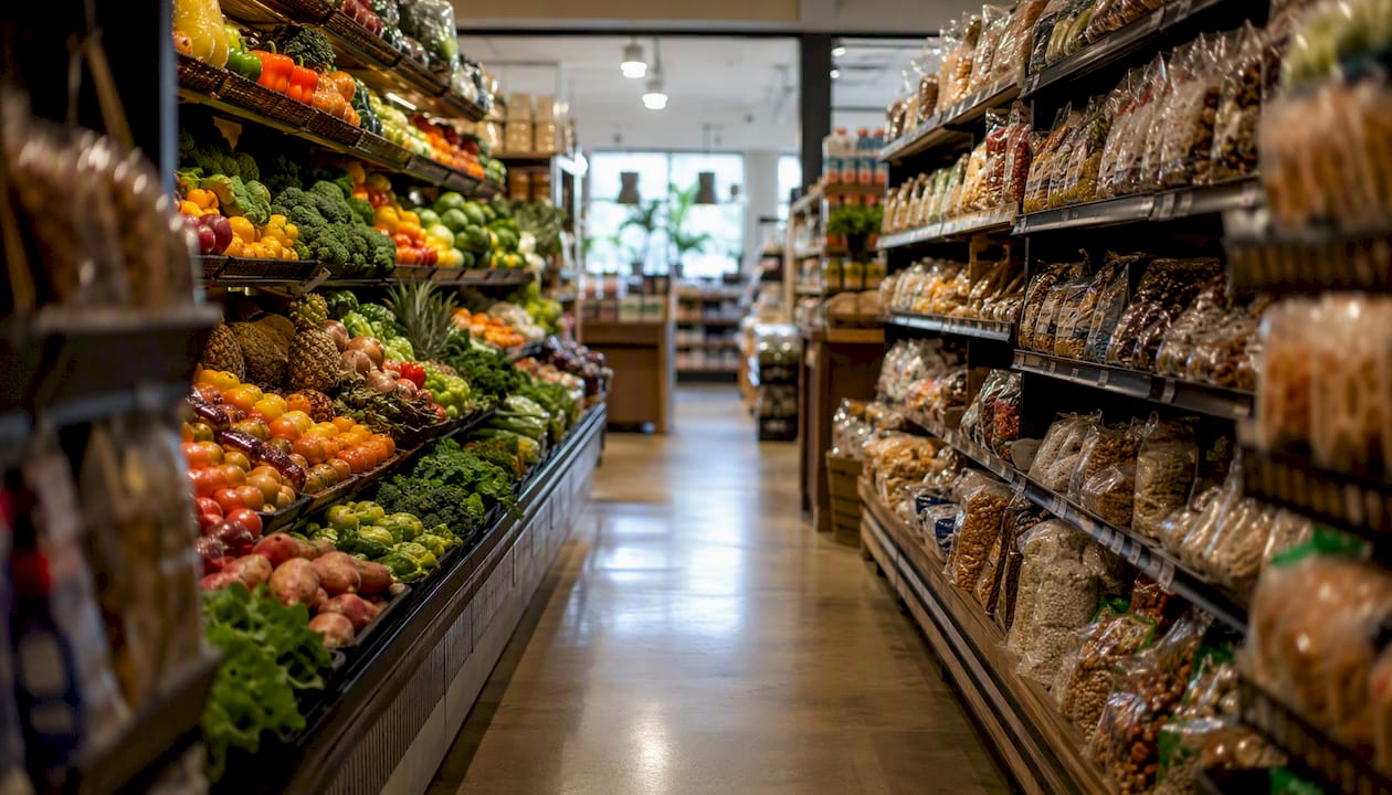 Grocery aisle showing fresh produce and processed snacks