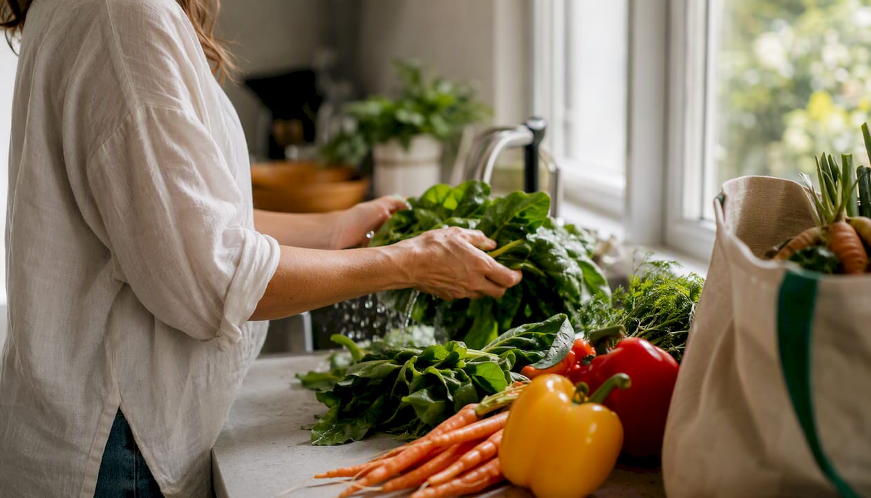 Hands washing fresh vegetables in kitchen sink