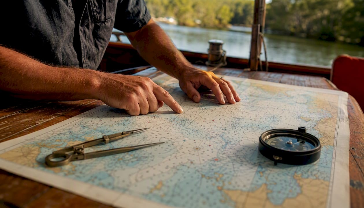 Hands reading nautical water chart on boat table