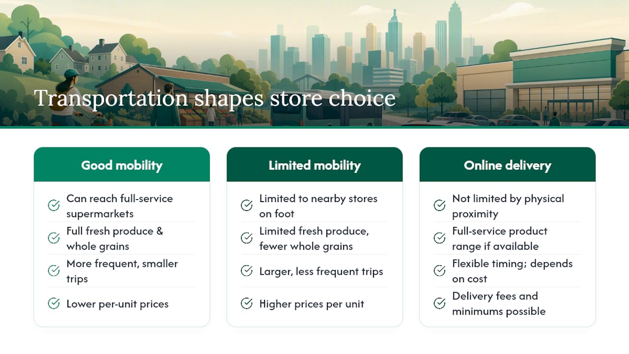 Transportation and mobility shape store choice before any other decision — overview diagram