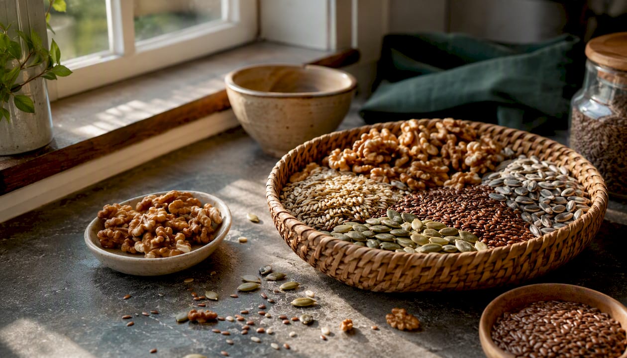 Bowl of almonds and mixed seeds on wood