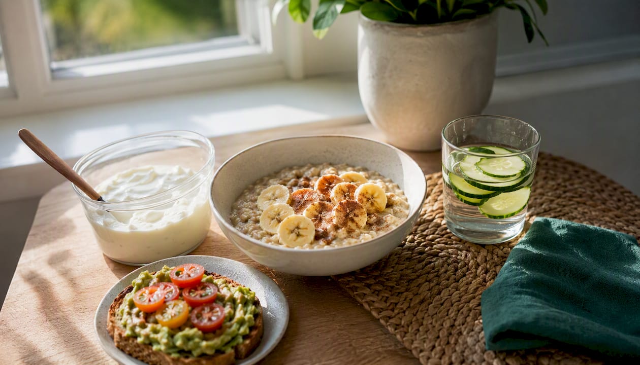 Breakfast spread with oats, berries, yogurt, and eggs