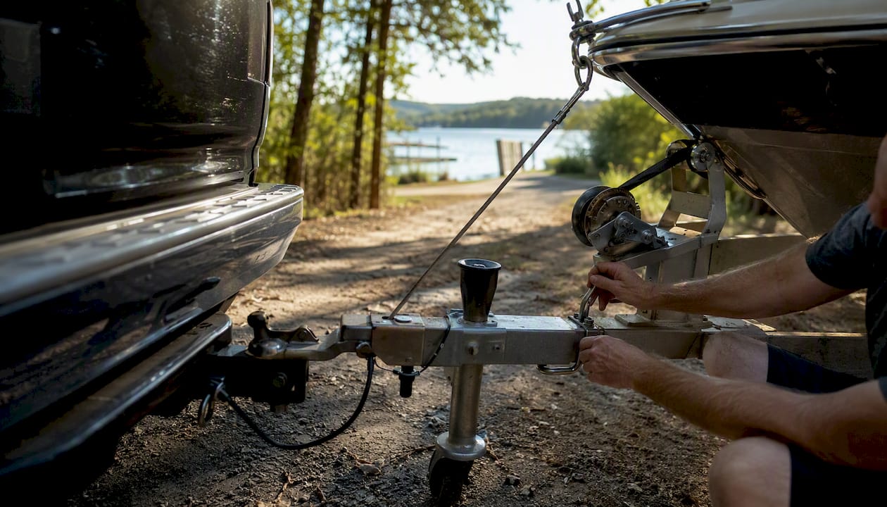 Boat trailer preparations at launch ramp