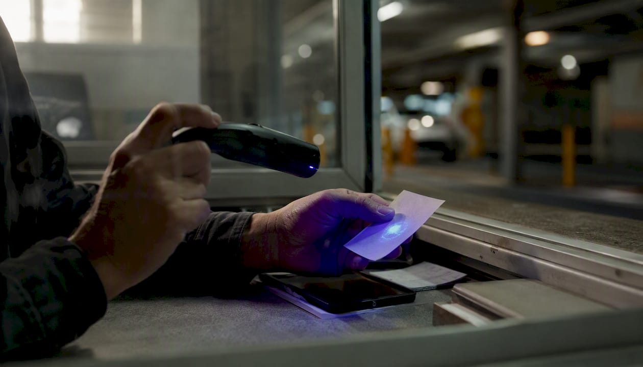 Hand holding parking ticket under UV light
