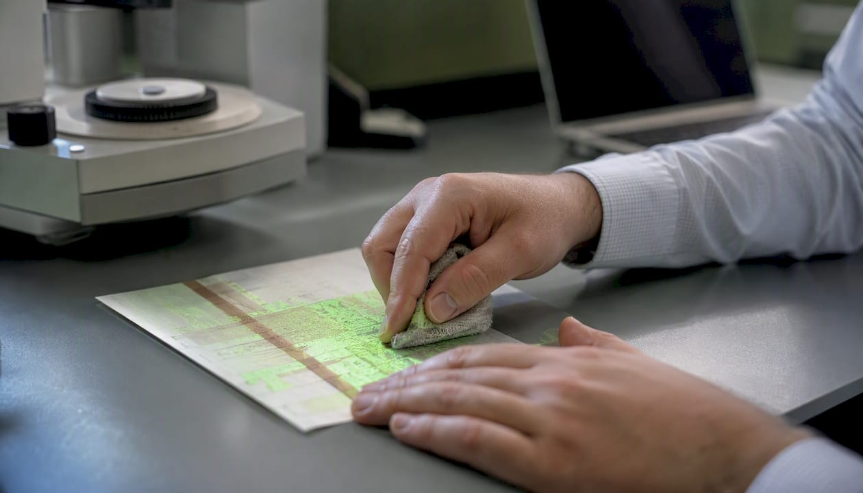 Hands abrasion testing fluorescent parking ticket