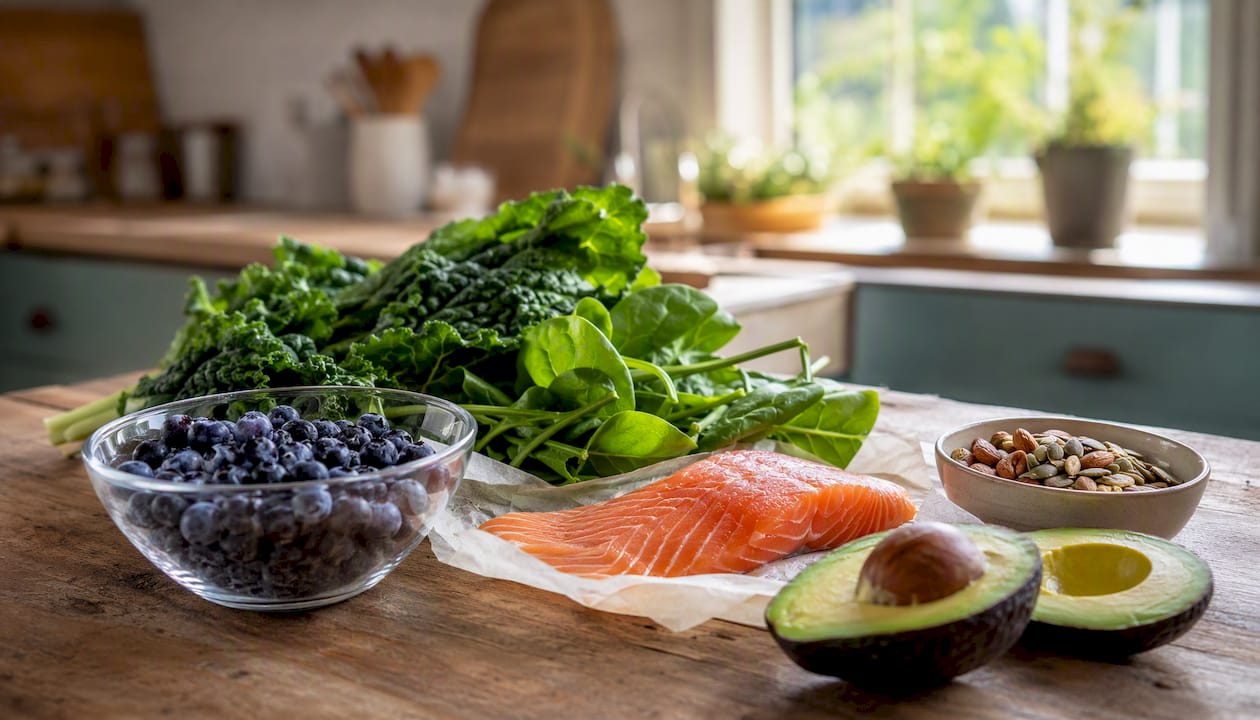 Assortment of whole foods superfoods on wooden table