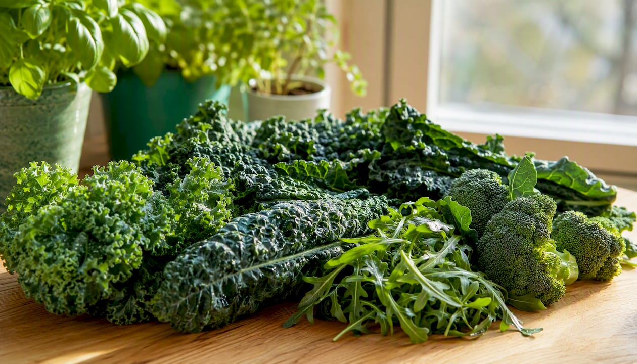 Fresh dark leafy greens and broccoli arranged