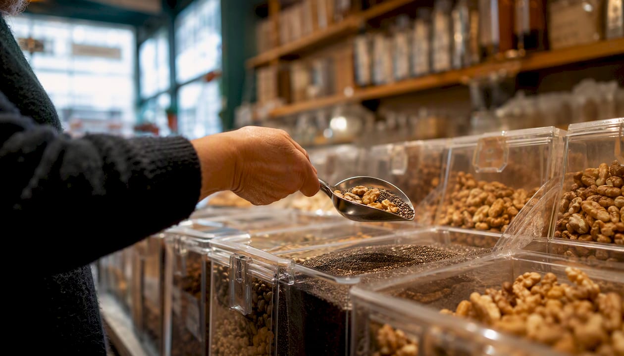 Hand scooping nuts and seeds in bulk bin