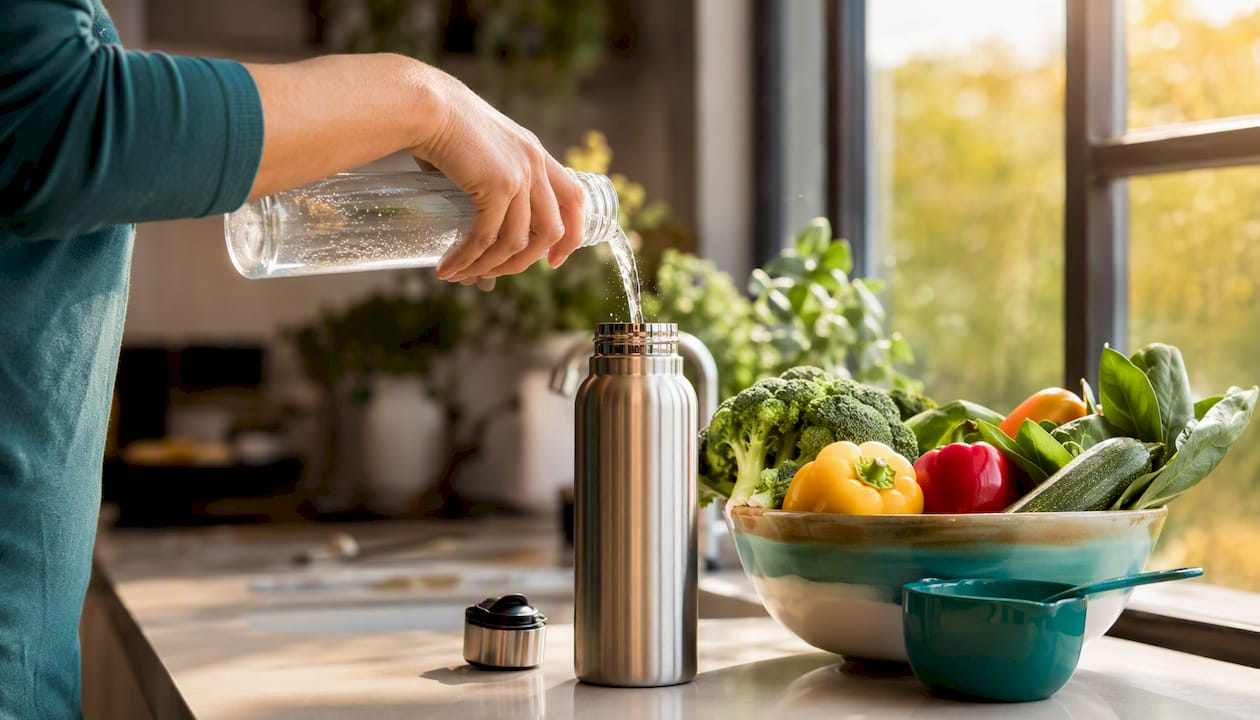 Hand filling water bottle in kitchen
