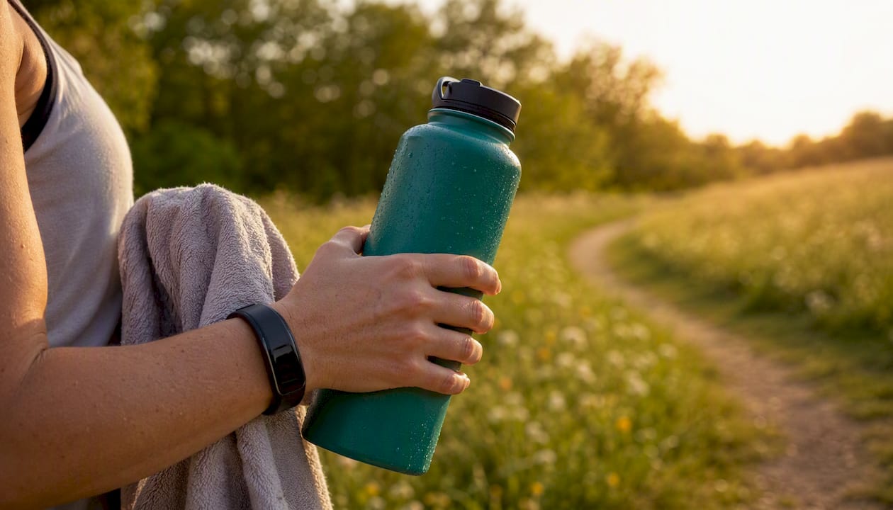 Hand holding water bottle during exercise outdoors