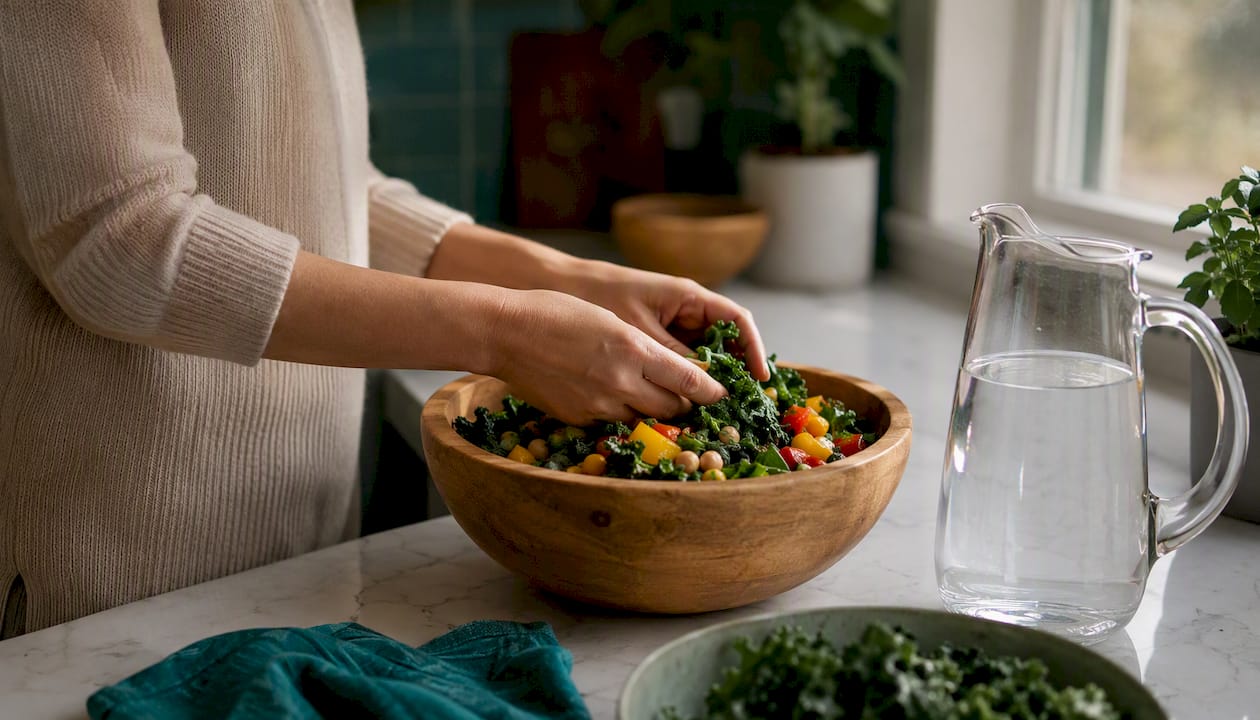 Hands preparing fiber-rich meal with glass of water