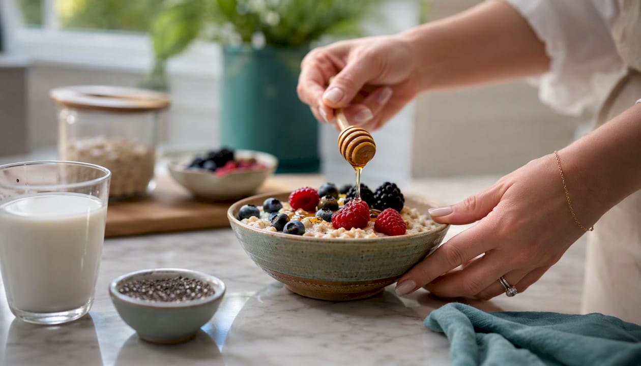 Hands plating a protein-rich healthy meal