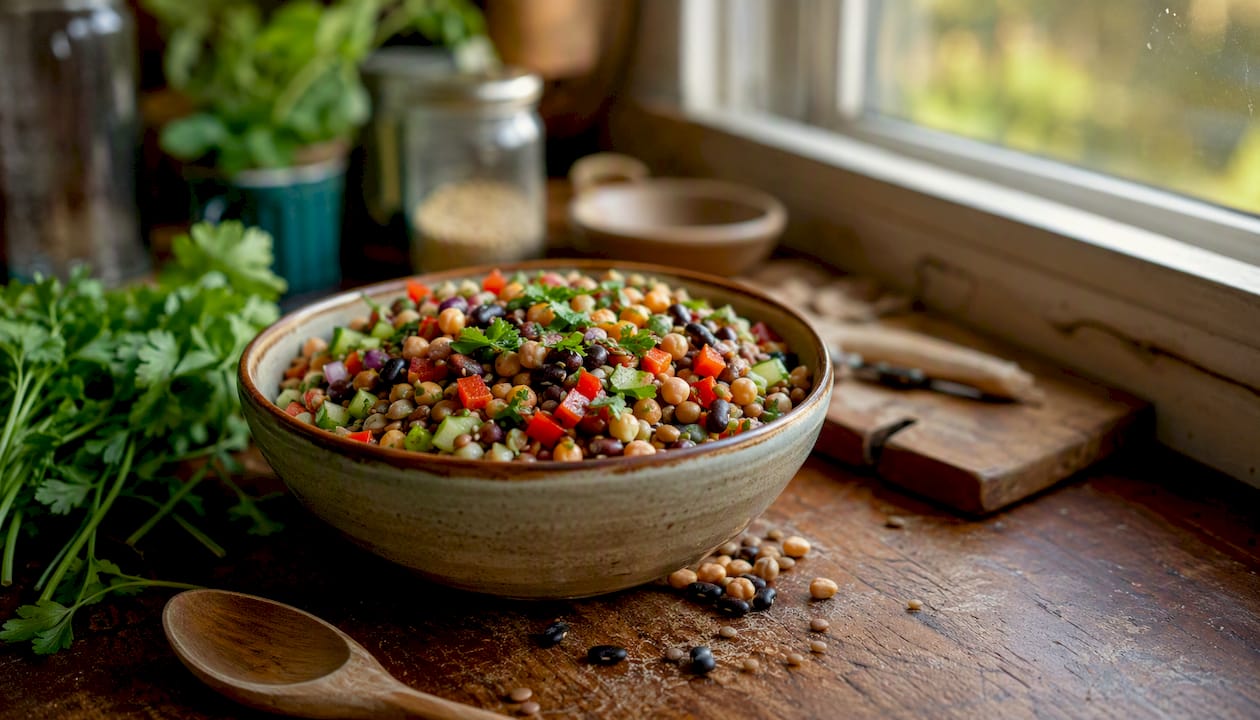 Bowl of cooked lentils, beans, and chickpeas salad