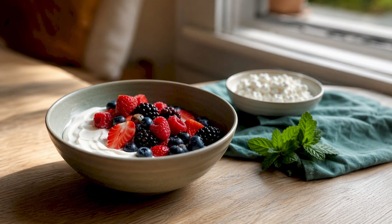 Plain Greek yogurt and cottage cheese bowls with berries