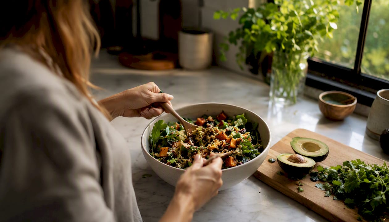 Hands plating balanced wholesome meal with nuts and greens