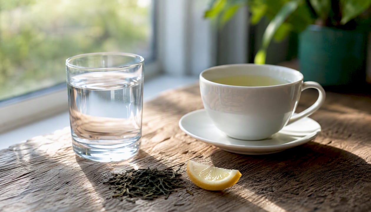 Glass of water and cup of green tea on wooden table