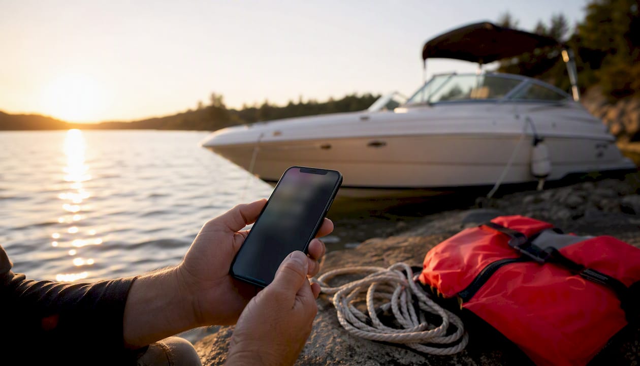 Hands holding tablet near recreational boat dock
