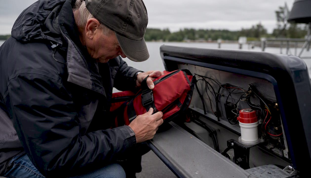 Hands inspecting fishing boat equipment