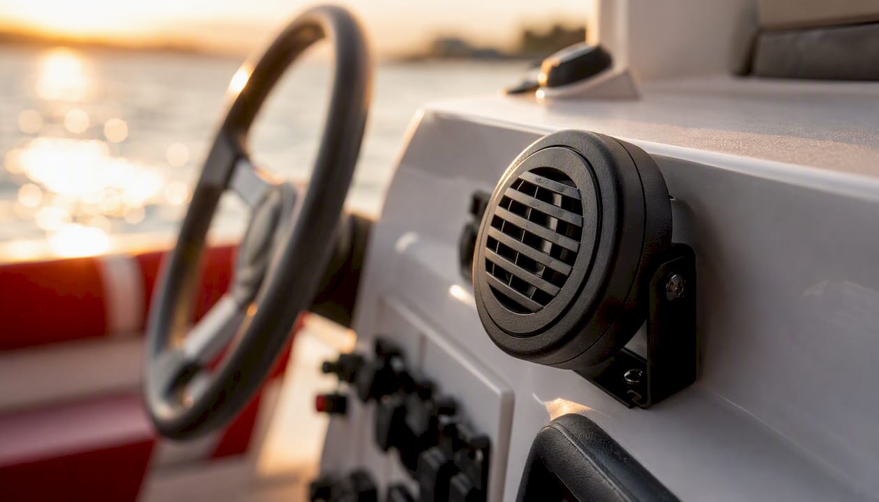 Electric marine horn mounted near boat dashboard