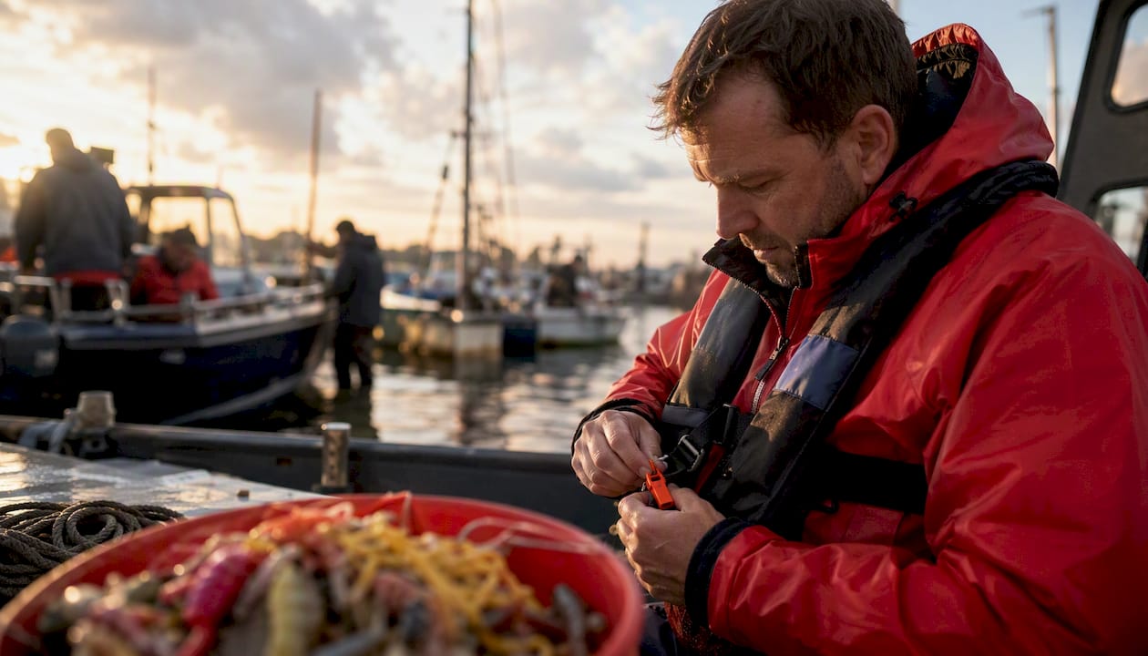 Boater adjusting life jacket on boat bow